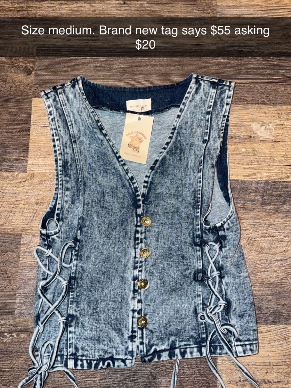 Sleeveless Acid-Wash Lace-Up Denim Vest - Blue